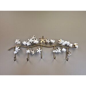 Vintage Brass Cotton Branch Wall Hook Rack 28" Farmhouse Entry Decor